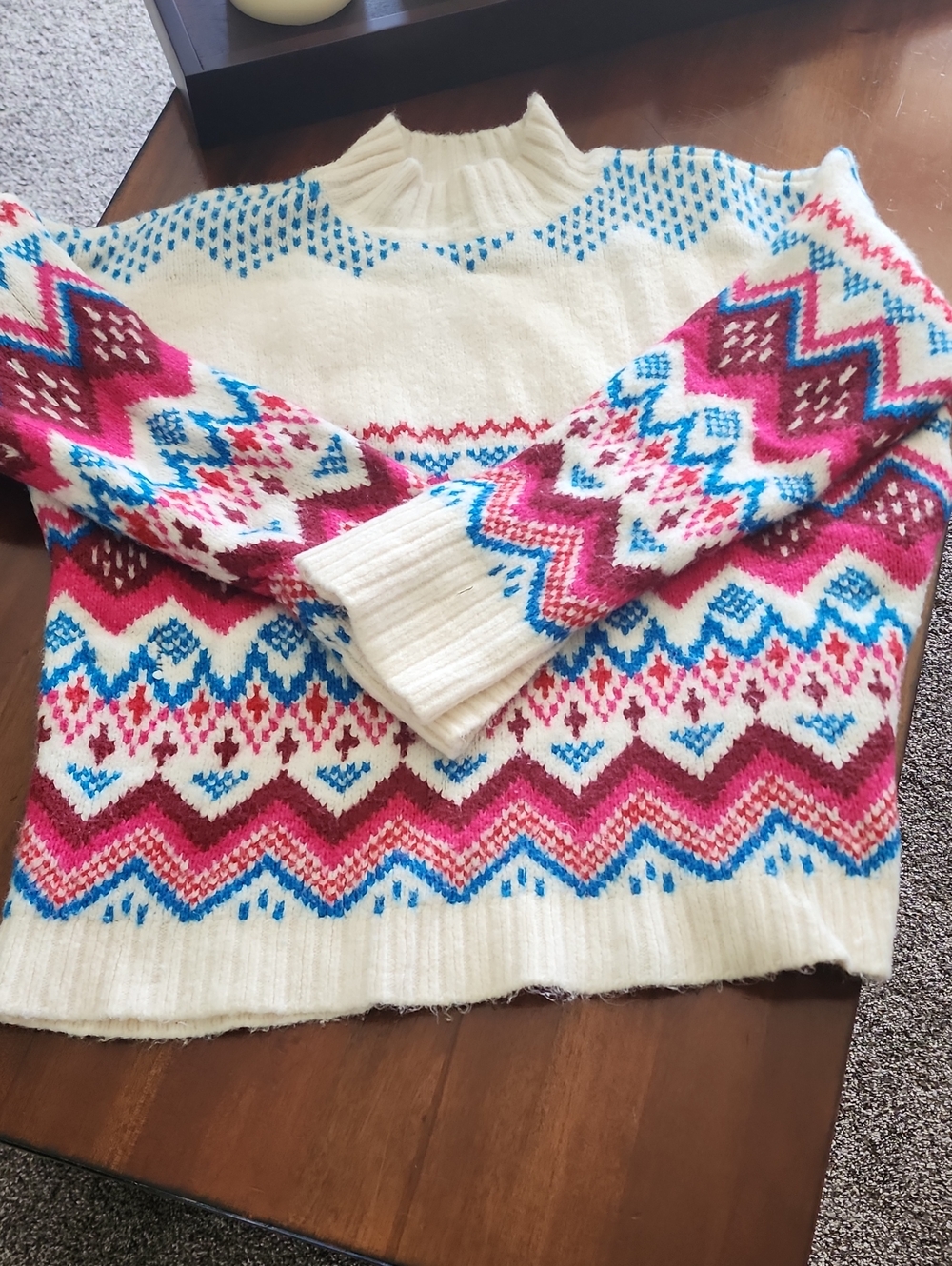 Loft Womens XL Fair Isle Crewneck Sweater - White with Pink & Blue Pattern